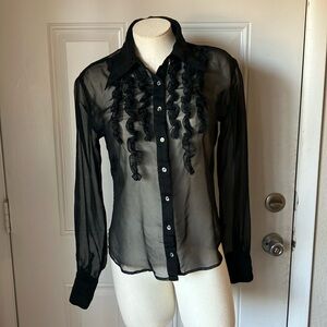 Black Sheer Tuxedo Ruffle Blouse